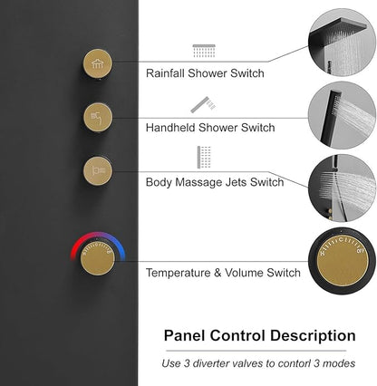 Shower Panel Tower System Stainless Steel Rainfall Shower Massage Body Jets and Handheld Shower System 3-Functions Wall Mount, Black