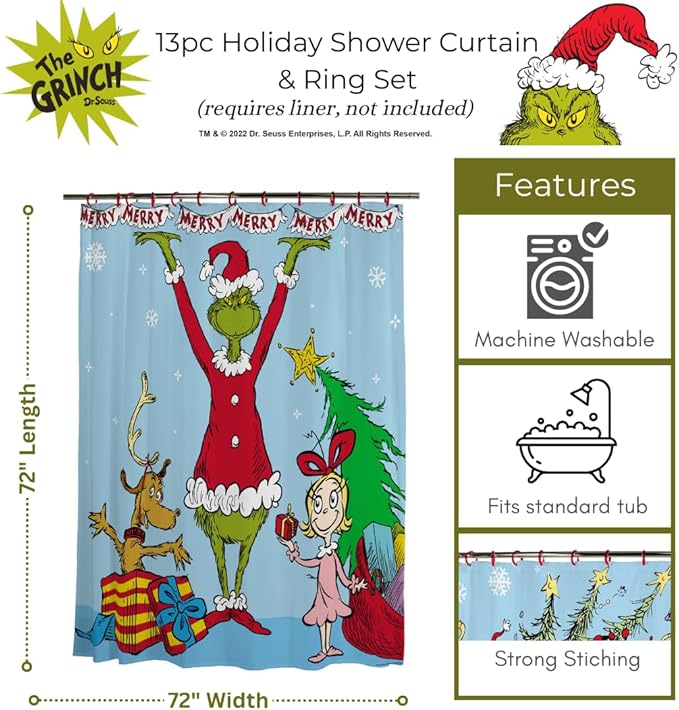 Dr. Seuss The Grinch Holiday 13-Piece Shower Curtain Set, 72 x 72 Inch Fabric Curtain with Hooks, Bathroom Decor, Machine Washable, (100% Officially Licensed Product) by Franco Collectibles