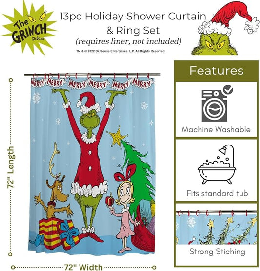Dr. Seuss The Grinch Holiday 13-Piece Shower Curtain Set, 72 x 72 Inch Fabric Curtain with Hooks, Bathroom Decor, Machine Washable, (100% Officially Licensed Product) by Franco Collectibles