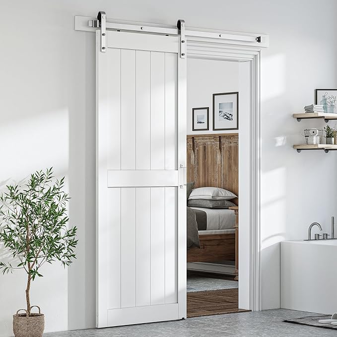 SMARTSTANDARD 36" x 96" White Sliding Barn Door with 6.6FT Silver Hardware | Pre-Drilled Ready to Assemble, Waterproof PVC Coating, H-Frame