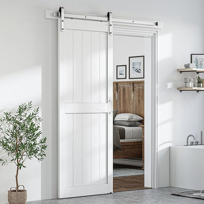 SMARTSTANDARD 36" x 96" White Sliding Barn Door with 6.6FT Silver Hardware | Pre-Drilled Ready to Assemble, Waterproof PVC Coating, H-Frame