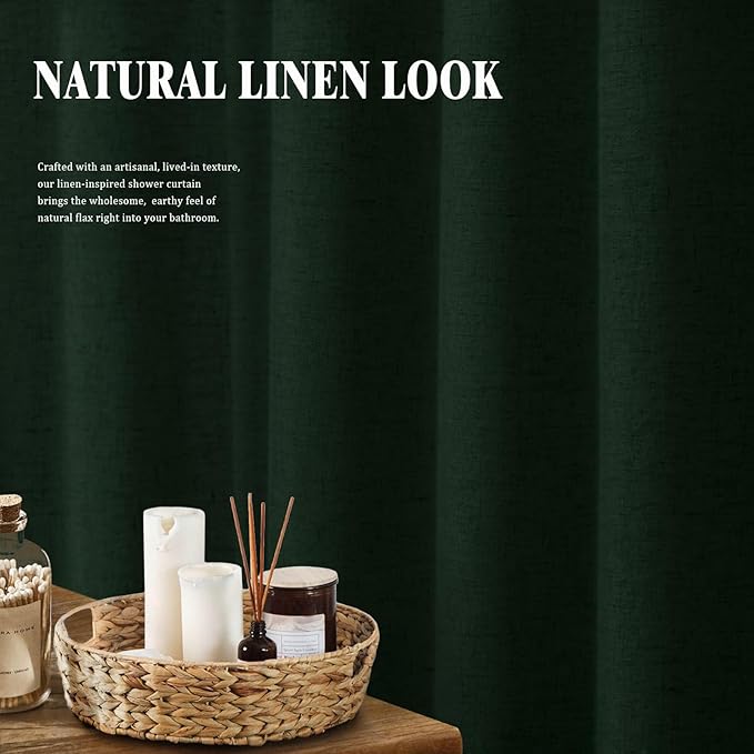Linen Shower Curtain Dark Green, Fabric Boho Farmhouse Shower Curtains for Bathroom Cotton Natural Cloth Liner Set 72" W x 72" L