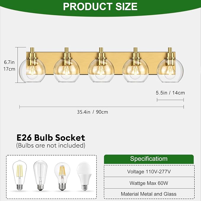 IZORRO Bathroom Light Fixtures, 5-Light Brushed Gold Vanity Light, Modern Wall Sconces with Globe Clear Glass Shade, Vanity Lighting Fixtures Over Mirror,E26 Bulb Socket