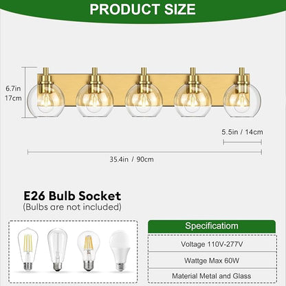IZORRO Bathroom Light Fixtures, 5-Light Brushed Gold Vanity Light, Modern Wall Sconces with Globe Clear Glass Shade, Vanity Lighting Fixtures Over Mirror,E26 Bulb Socket