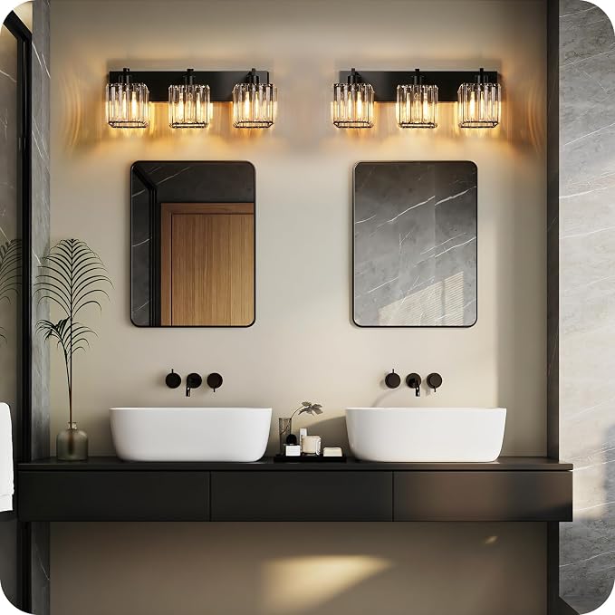 Modern Crystal Vanity Light, 3-Light Bathroom Light Fixture, 22" Square Vanity Lighting Fixture, E26 Base, Bulbs Not Included, for Bathroom,Vanity Light Over Mirror, Hallway,Black B06BD05W1