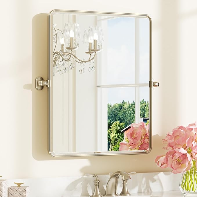 Keonjinn 24x30 Inch Brushed Nickel Povit Mirror for Bathroom, Tilt Mirror | Tenmpered Glass, Rectangle, Adjustable Bathroom Mirrors for Over Sink, Farmhouse, Metal Framed, Horizontal/Vertical