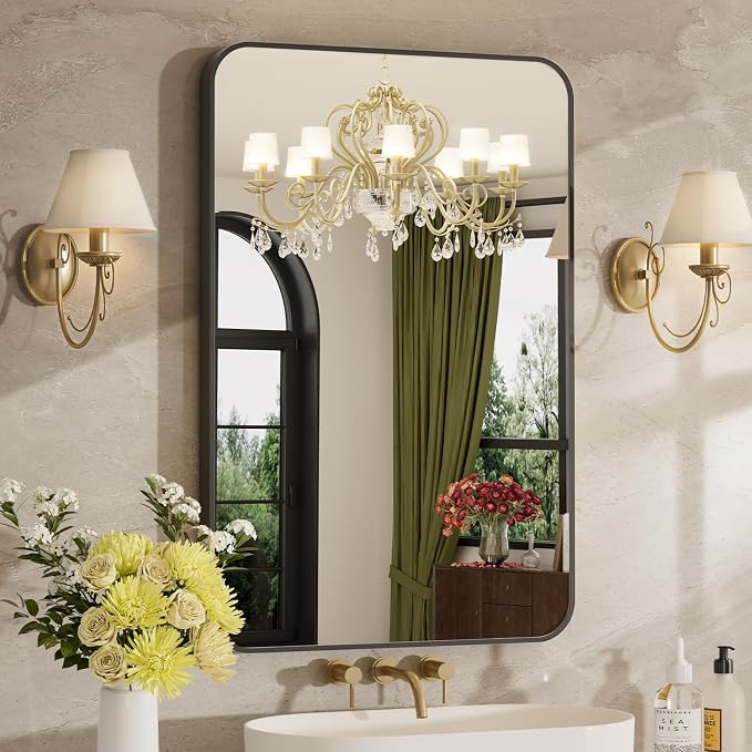 12x16 Inch Bathroom Mirrors for Over Sink, Matte Black Rectangle Mirror for Bathroom or Entryway, Wall Mounted Vanity Mirror with Aluminum Alloy Frame & Tempered Glass, Hangs Horizontally/Vertically