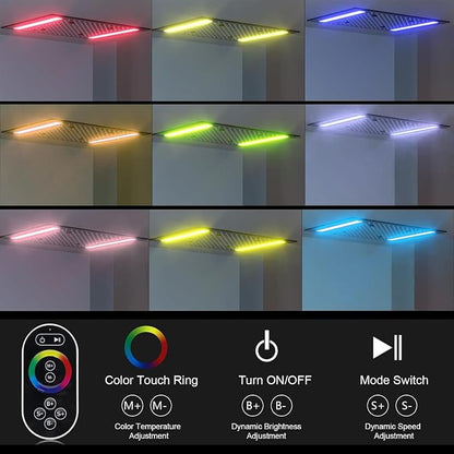 Luxury 20x14in LED Rainfall Mist Dual Shower System Can Run Togther | 4-way Thermostatic Digital Display Brass Valve, Ceiling Flush Mount Showerhead and 6in Tilt Shower, Brass Handheld, Chrome