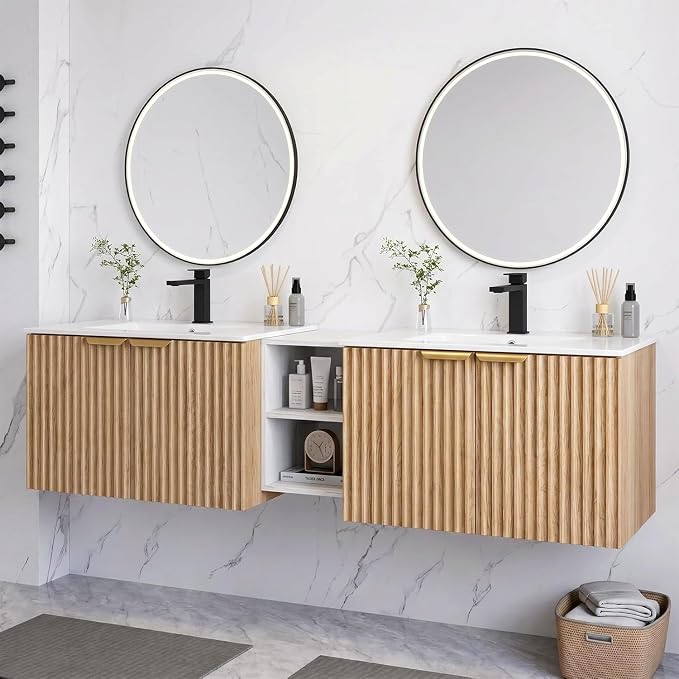 72 Inch Floating Bathroom Vanity with Double Sink, Bathroom Double Sink Cabinet with Soft Close Door Waterproof Storage, Wood Color(wt)