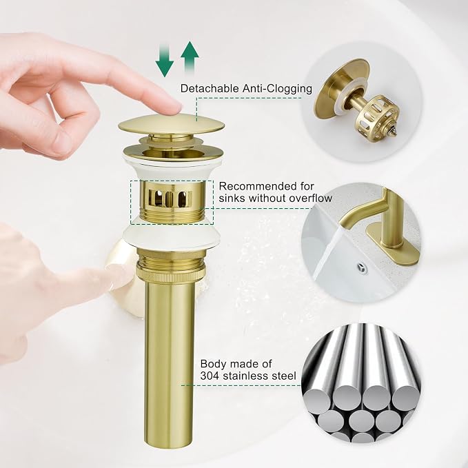 VOTON Brushed Gold Pop Up Bathroom Sink Drain with Overflow Assembly with Strainer Lavatory Vanity Vessel Pop Up Drain Stopper