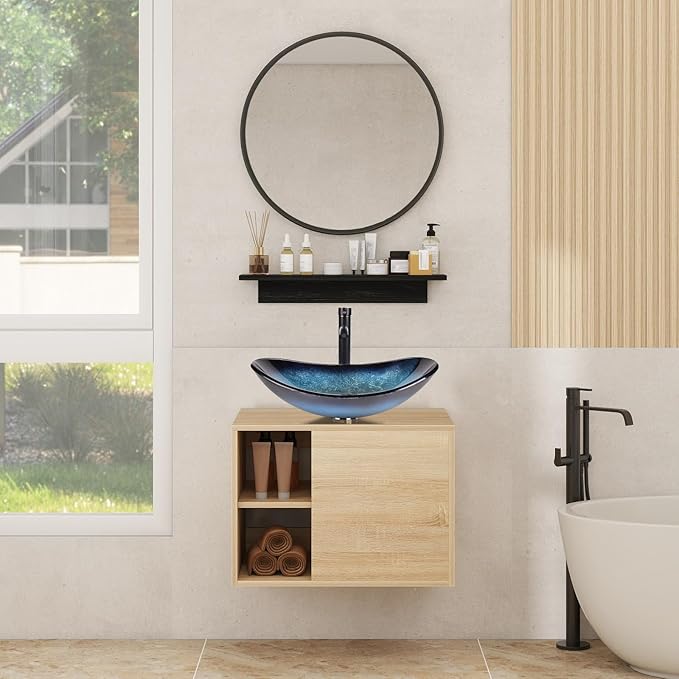 YOURLITE 24" Floating Bathroom Vanity, Wall-Mounted Bathroom Vanity and Sink Combo with Mirror and Faucet & Pop Up Drain Set Blue Glass Boat Bathroom Sink