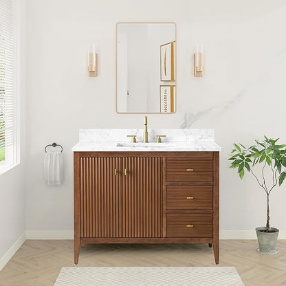 HOMEBEYOND 42" Bathroom Vanity with Sink, Solid Wood Bathroom Vanity Free-Standing Cabinet, Drawers, Ceramic Top & Soft Closing Door, Golden Brushed Handware, Walnut