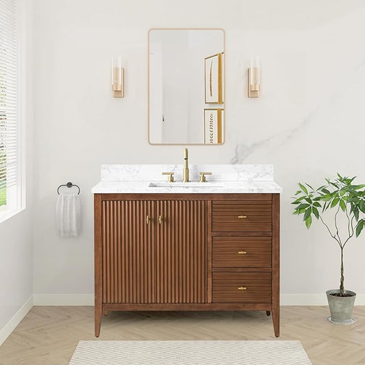 HOMEBEYOND 42" Bathroom Vanity with Sink, Solid Wood Bathroom Vanity Free-Standing Cabinet, Drawers, Ceramic Top & Soft Closing Door, Golden Brushed Handware, Walnut