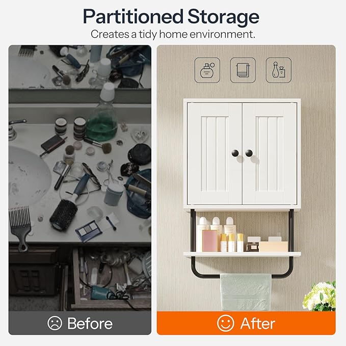 HOOBRO Bathroom Wall Cabinet, Modern Medicine Cabinet with Open and Adjustable Shelf, Over The Toilet Storage Cabinet with Towel Bar, Wall Mounted Organizer for Bathroom, Kitchen, White and Black
