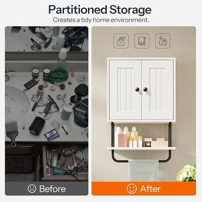 HOOBRO Bathroom Wall Cabinet, Modern Medicine Cabinet with Open and Adjustable Shelf, Over The Toilet Storage Cabinet with Towel Bar, Wall Mounted Organizer for Bathroom, Kitchen, White and Black