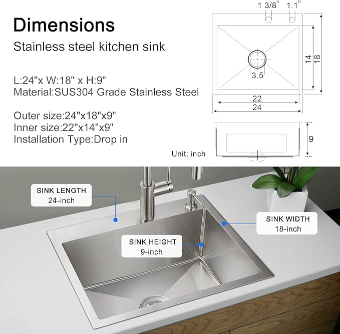 24"x18" Drop-In Kitchen Sink 304 Stainless Steel Brushed | 24 inch Sink Drop in | 304 SS | Topmount | Single Bowl | 9" Deep | Drain Kit Included | Moden Kitchen/Prep
