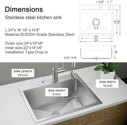 24"x18" Drop-In Kitchen Sink 304 Stainless Steel Brushed | 24 inch Sink Drop in | 304 SS | Topmount | Single Bowl | 9" Deep | Drain Kit Included | Moden Kitchen/Prep