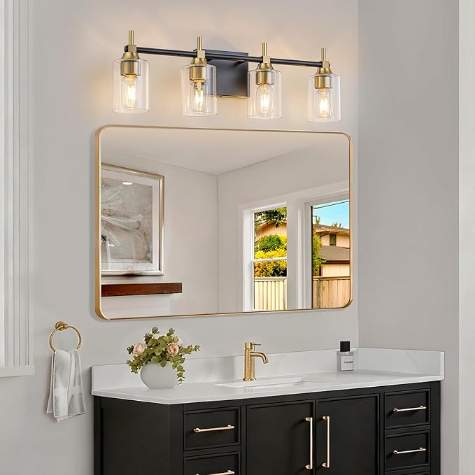 4-Light Modern Bathroom Vanity Light,Black and Gold Light Fixtures for Bathroom,Modern Wall Light Over Mirror with Glass E26 Socket (Bulbs Not Included)