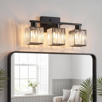 Crystal Bathroom Light Fixtures, 3-Light Matte Black, Vanity Lights for Bathroom Over Mirror, Modern Bath Wall Sconce for Mirror Bedroom Living Room