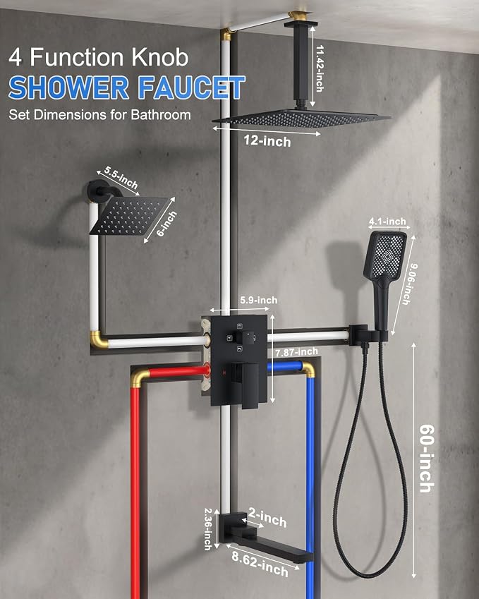 Woindo 4 Function Shower Faucet Set 12" Rain Shower Head/6'' Side Shower Head and 3 Setting Handheld Ceiling Mount Push Button Diverter Complete Rainfall Round Shower System Included Valve Trim Kit