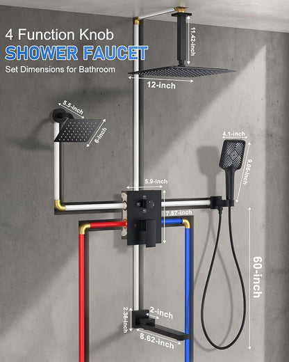 Woindo 4 Function Shower Faucet Set 12" Rain Shower Head/6'' Side Shower Head and 3 Setting Handheld Ceiling Mount Push Button Diverter Complete Rainfall Round Shower System Included Valve Trim Kit