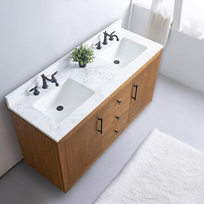 Vanity Art 60 inch Double Sink Bathroom Vanity, Solid Poplar Wood, Vanity Cabinet with Doors and Shelf, Modern Wood Bathroom Vanity with White Marble Top, 3 Functioning Drawers, VA70-60-DT-E