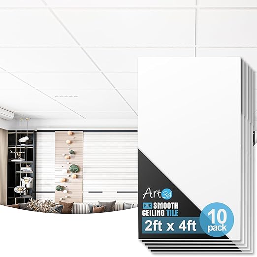Art3d 10-Pack Smooth Drop Ceiling Tile 2ft x 4ft - Fire-Rated, Waterproof, Reusable - Premium PVC, No Sag and Breakage - Cover 80 Sq. Ft, White | 2 x 2 ft, PVC, Waterproof, Fire-Rated, Reusable, Compatible with Grid System, Perfect for Living Room