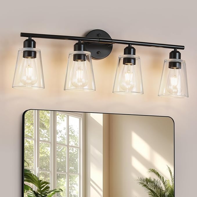 TALOYA 27 Inch Brushed Black Bathroom Light Fixtures with Thickend Clear Tapered Glass Shade, 4-Light Modern Vanity Light Over Mirror for Bathrooms, Bedrooms (Bulbs Not Included)