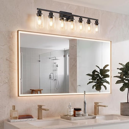 MOKATNG 7-Light Bathroom Light Fixtures, Vanity Light with Clear Glass Shades, Matte Black Bathroom Light Fixtures Over Mirror, Modern Bathroom Wall Lamp for Mirror Living Room Cabinet Bedroom