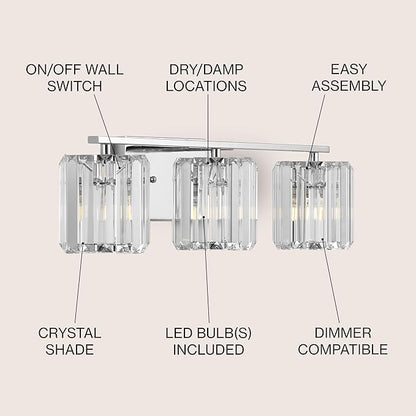 JONATHAN Y 4.75" Chrome 3-Light Vintage Glam LED Vanity Light Wall Sconce Fixture with Clear Crystal Prism Shade, Hardwired Wall Lamp for Bathroom Mirror Hallway, LED Bulb Included (JYL3554A)