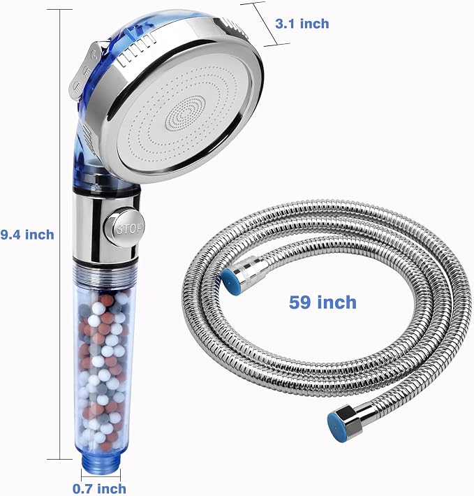 High Pressure Shower Head with Hose, REHAVE Water Saving RV Handheld Shower Head, Shower Sprayer, 3 Mode, Handheld Spray Showerheads for Dry Skin Hair Loss, Purifying Filtration Mineral Stone Beads