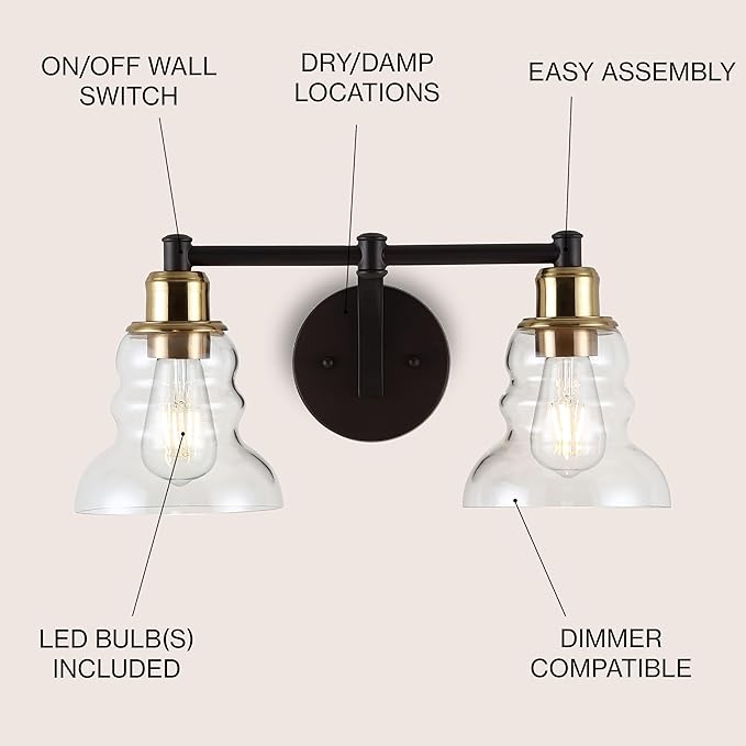 JONATHAN Y 18.5" Brass Gold/Oil Rubbed Bronze Modern Industrial Rustic 2-Light LED Vanity Light with Clear Glass Shade, Vintage Wall Sconce for Bathroom Kitchen Hallway, LED Bulb Included (JYL3545A)