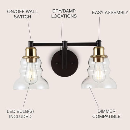 JONATHAN Y 18.5" Brass Gold/Oil Rubbed Bronze Modern Industrial Rustic 2-Light LED Vanity Light with Clear Glass Shade, Vintage Wall Sconce for Bathroom Kitchen Hallway, LED Bulb Included (JYL3545A)