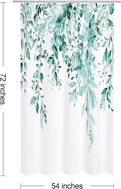 Teal Eucalyptus Shower Curtain, Watercolor Floral Print, 54x72 | Watercolor Plant Leaves Floral Print, Stall Waterproof Fabric Bathroom Decor, Machine Washable, Rustproof Grommets