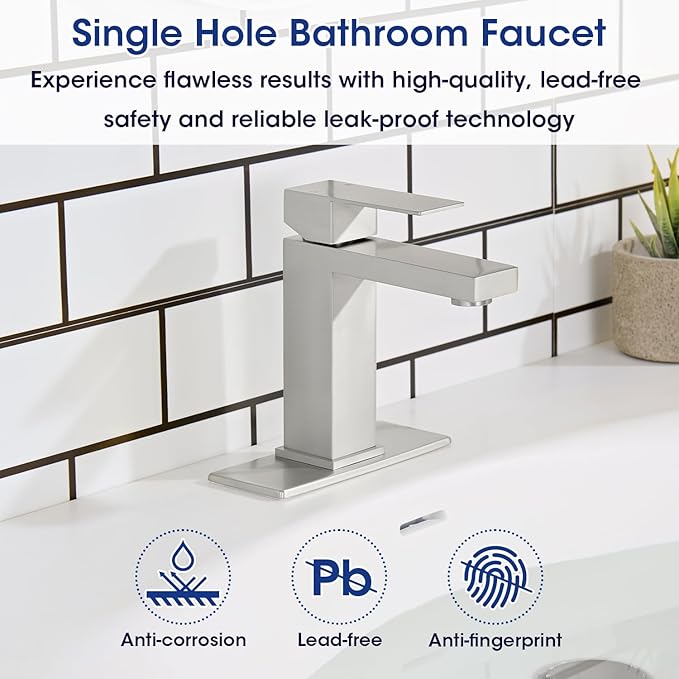 Brushed Nickel Bathroom Faucet, Stainless Steel Vanity Bathroom Sink Faucet with Pop Up Drain Stopper and Water Hoses, Easy to Install Bathroom Faucet 1 Hole for Bathroom Sink, Vanity, RV