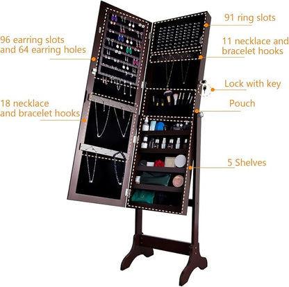 Uten Jewelry Armoire with Mirror, Lockable Large Jewelry Cabinet with Standing Mirror Jewelry Holder Organizer Storage, 4 Angle Adjustable, Perfect Christmas Gift (Brown)