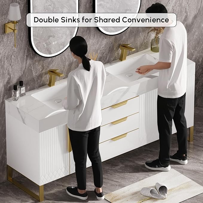 homary 60" Freestanding Bathroom Vanity Set with Double Sink, Modern Bathroom Sink Cabinet Storage Cabinet with Sintered Stone Countertop and Ample Storage, White