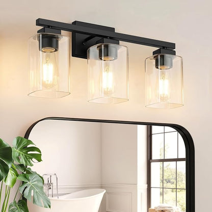 19” Bathroom Light Fixtures Over Mirror,3-Light Black Vanity Light | Square Clear Glass & Durable Metal, Quick & Easy Installation, Standard E26 Socket, Bright Bathroom Lighting