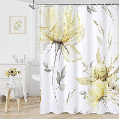 Litabel Extra Long Boho Watercolor Floral Shower Curtain 72 x 84, Yellow Painting Style Flower Shower Curtains for Chic Elegant Bathroom, Artistic XL Modern Fabric Cloth Shower Curtain