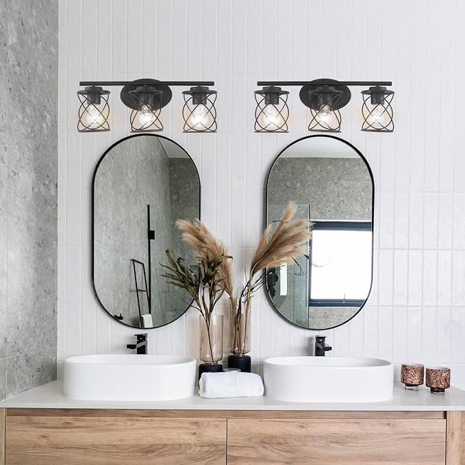 3-Lights Bathroom Vanity Lights, Bathroom Light Fixtures Over Mirror, Matte Black Vanity Light, Farmhouse Wall Lights with Clear Glass Shade, Bathroom Wall Lamp for Mirror Kitchen Bedroom