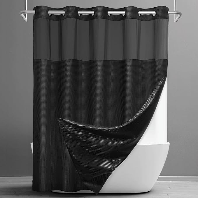 SORTTO No Hook Shower Curtain with Snap in Liner Set Waffle Shower Curtain for Bathroom Hotel Style Fabric Waterproof Inner Liner，71" W x 80" H, Black