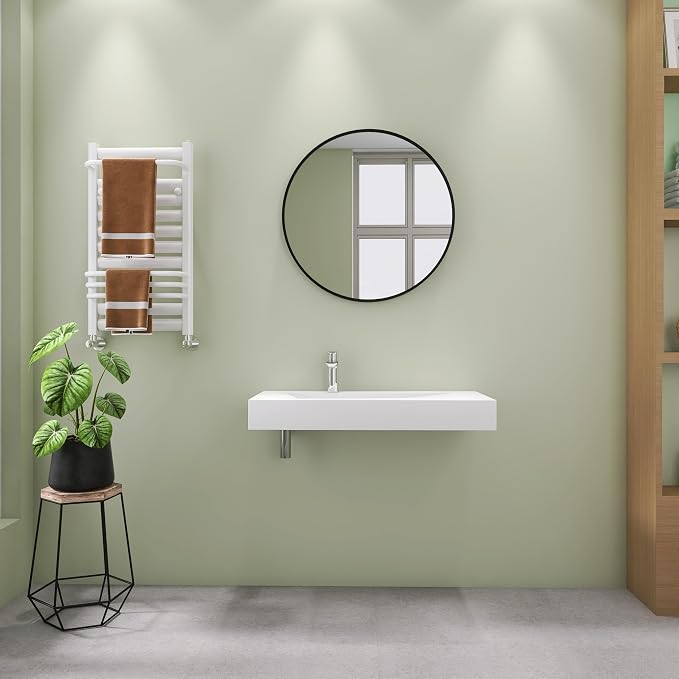 SJ Star&Jane 35" x 18" Solid Surface Bathroom Sink, Wall-Mount or Countertop Vessel Sink, Floating Vanity Sink, Pre-installed Faucet Holes, Durable Modern Design