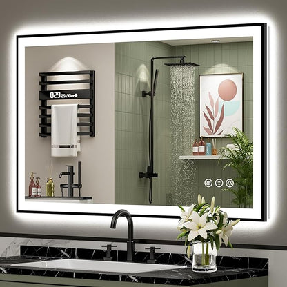 48x32 Black Framed LED Bathroom Mirror with Lights, Backlit and Front Lit Anti-Fog Lighted Vanity Mirrors for Bathroom Wall, Dimmable, 3 Colors, Memory, HD Tempered Glass, Horizontal/Vertical
