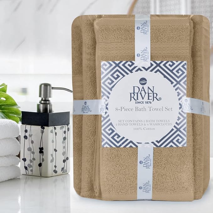 DAN RIVER 8 Piece Luxury Bath Towels for Bathroom, Towel Set, Tan | 2 Bath towels, 2 Hand towels, and 4 Wash Cloths, 600 GSM 100% Ring Spun Cotton, Highly Absorbent, Gym, Hotel, guest, and Spa