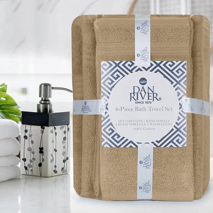 DAN RIVER 8 Piece Luxury Bath Towels for Bathroom, Towel Set, Tan | 2 Bath towels, 2 Hand towels, and 4 Wash Cloths, 600 GSM 100% Ring Spun Cotton, Highly Absorbent, Gym, Hotel, guest, and Spa