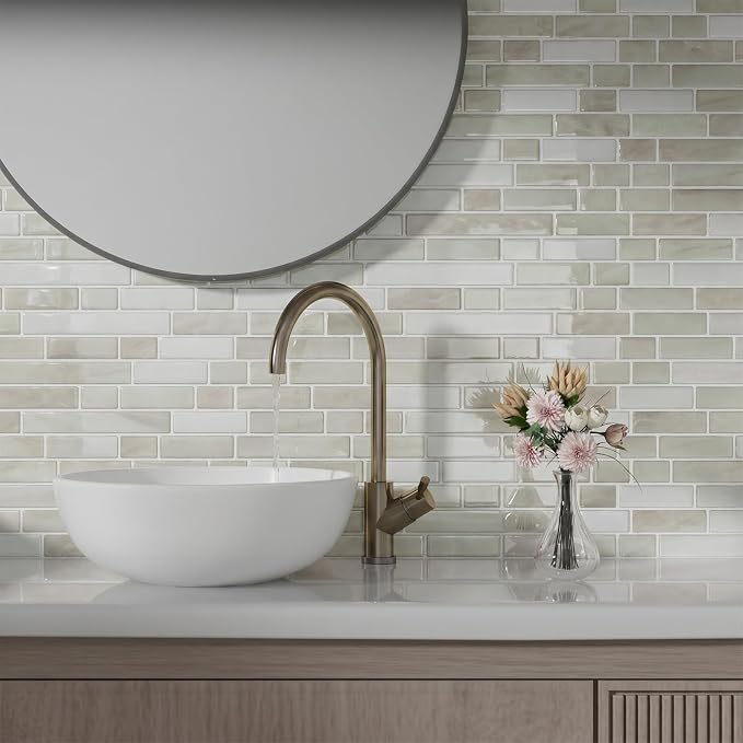 Peel and Stick Backsplash, Self Adhesive 10 Kitchen Tiles 12''x12'' | Beige Green 3D Wall Tile Back Splash for Kitchen, Bathroom, Laundry Room
