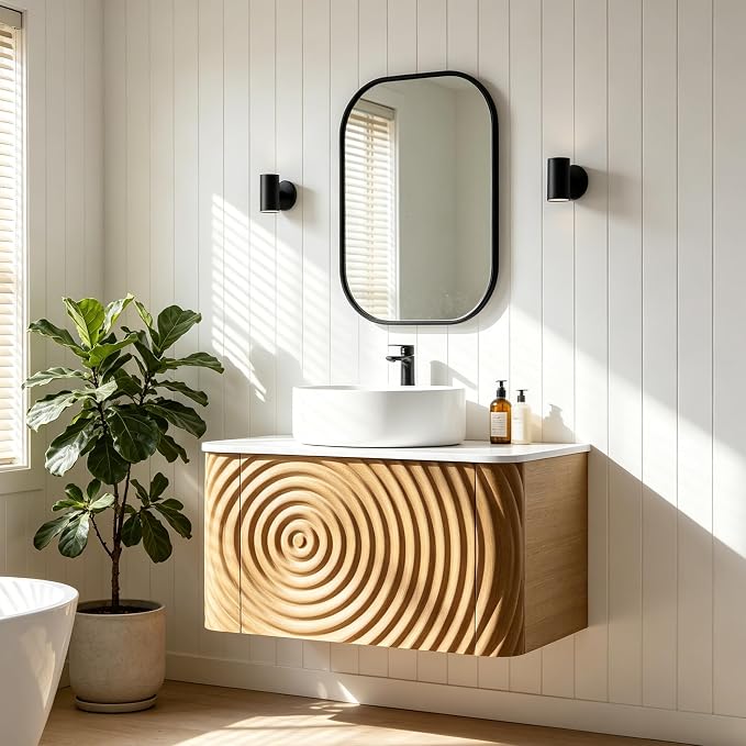 24" Floating Bathroom Vanity with Sink, Mid-Century Wall Mounted Bathroom Vanity Cabinet with Waved Decor, Ceramic Vessel Basin, Sintered Stone Top, Soft Close Storage Drawer, Natural