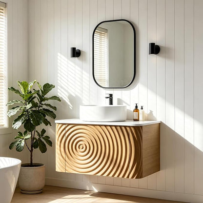 24" Floating Bathroom Vanity with Sink, Mid-Century Wall Mounted Bathroom Vanity Cabinet with Waved Decor, Ceramic Vessel Basin, Sintered Stone Top, Soft Close Storage Drawer, Natural