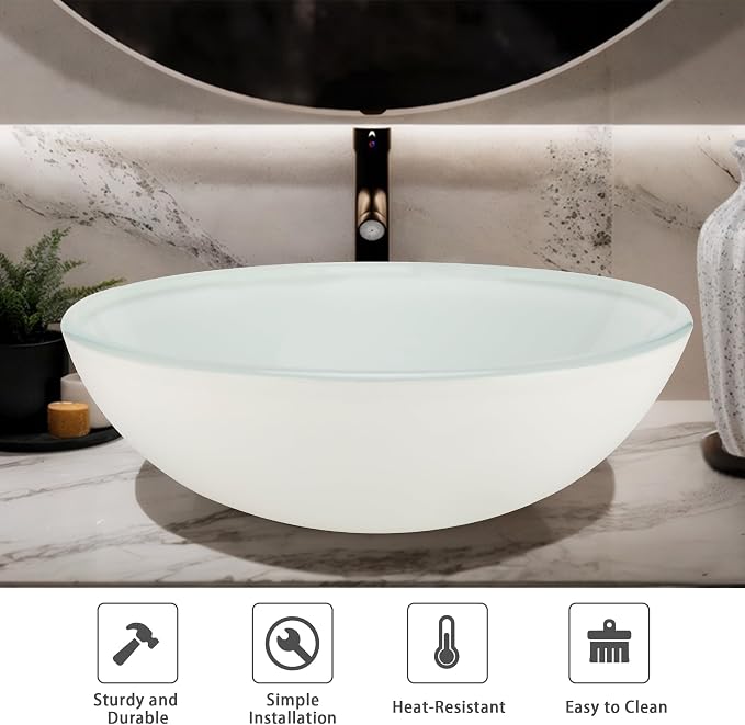 16.5" White Glass Vessel Sink with Faucet and Drain – Modern Round Countertop Bathroom Sink Bowl, Transparent Above Counter Vanity Basin for Small Spaces