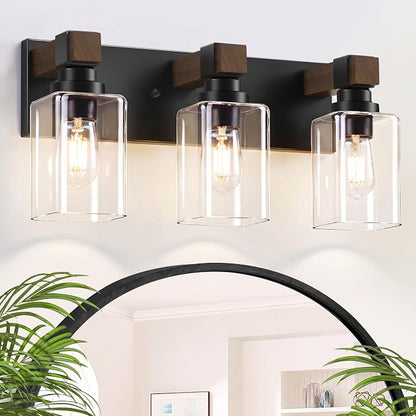 Farmhouse Black 3-Light Bathroom Vanity Light, Square Glass Shade | Vintage Rustic Design, Wood Grain Finish, Matte Black Metal, Wall Mount Over Mirror Lighting Fixtures for Bathroom Restroom